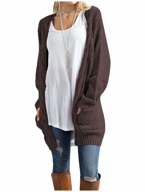 OmicGot Women's Long Sleeve Open Front Chunky Cable Knit Loose Cardigan Sweater