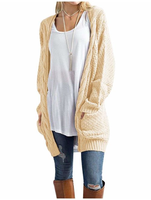 OmicGot Women's Long Sleeve Open Front Chunky Cable Knit Loose Cardigan Sweater