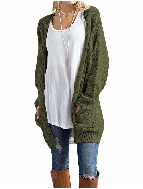 OmicGot Women's Long Sleeve Open Front Chunky Cable Knit Loose Cardigan Sweater