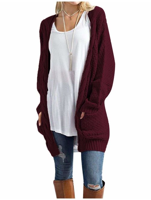 OmicGot Women's Long Sleeve Open Front Chunky Cable Knit Loose Cardigan Sweater