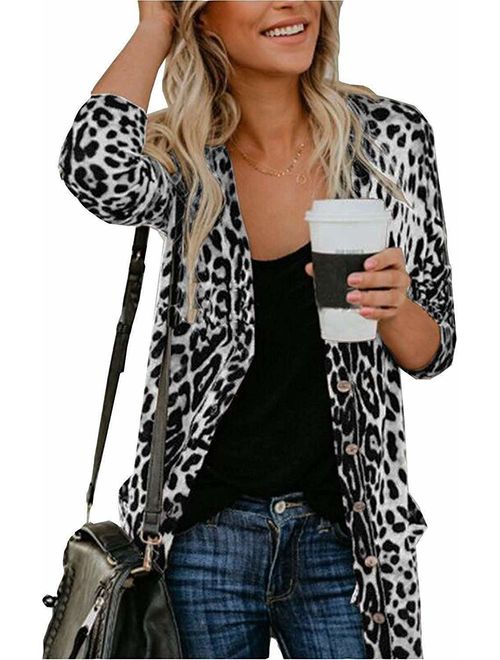 Women's Leopard Printed Cardigans Shirt Lightweight Button Down Cardigans Coat W Pockets(S-2XL)