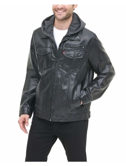 Men's Faux-Leather Two-Pocket Trucker Hoodie Jacket with Sherpa Lining