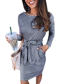 PALINDA Women's Striped Elegant Short Sleeve Wear to Work Casual Pencil Dress with Belt