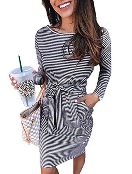 PALINDA Women's Striped Elegant Short Sleeve Wear to Work Casual Pencil Dress with Belt