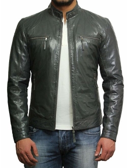 Black Leather Jacket Mens - Cafe Racer Real Lambskin Leather Distressed Motorcycle Jacket