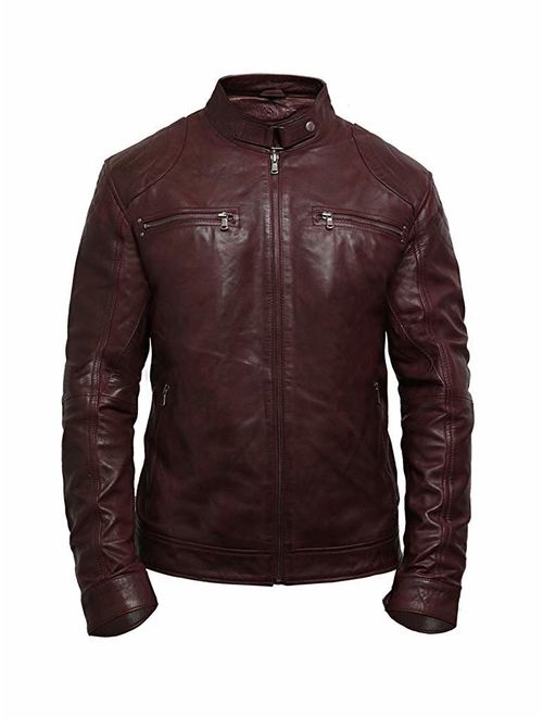 Black Leather Jacket Mens - Cafe Racer Real Lambskin Leather Distressed Motorcycle Jacket