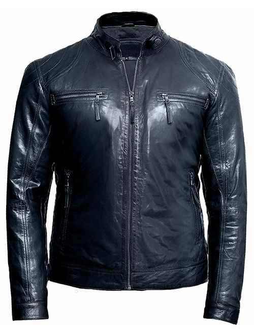 Black Leather Jacket Mens - Cafe Racer Real Lambskin Leather Distressed Motorcycle Jacket