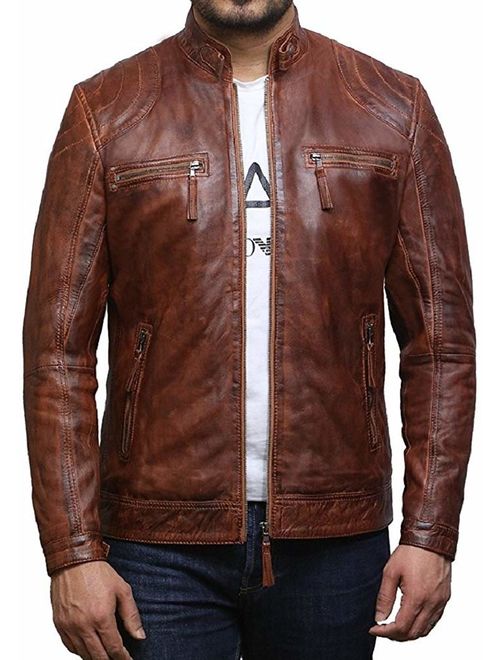 Black Leather Jacket Mens - Cafe Racer Real Lambskin Leather Distressed Motorcycle Jacket