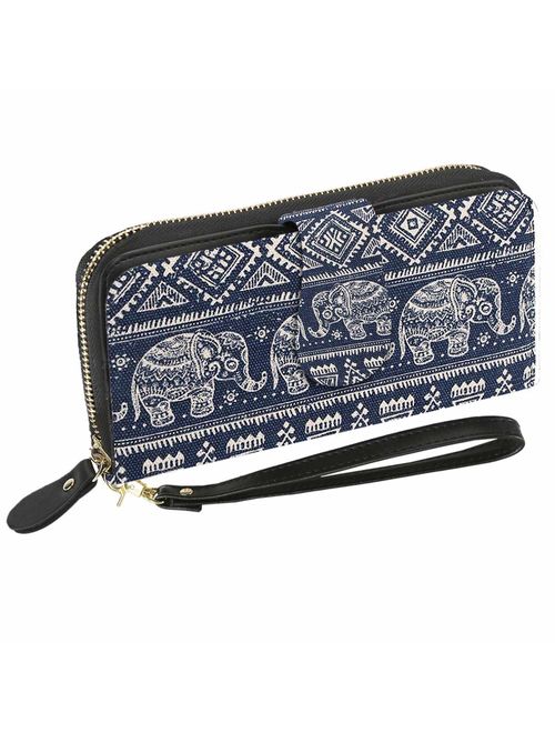 Bohemian Purse Wallet Canvas Elephant Pattern Handbag with Coin Pocket and Strap