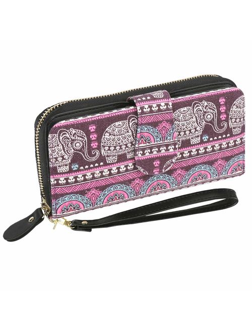 Bohemian Purse Wallet Canvas Elephant Pattern Handbag with Coin Pocket and Strap