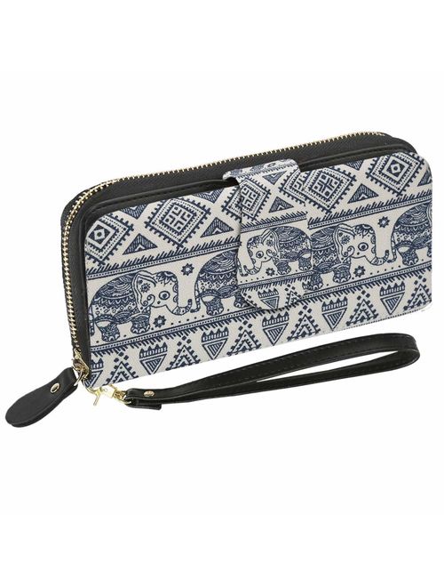 Bohemian Purse Wallet Canvas Elephant Pattern Handbag with Coin Pocket and Strap