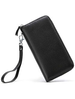 Moflycom Womens Wallet RFID Blocking Genuine Leather Zip Around Wallet Clutch Wristlet Travel Long Purse for Women