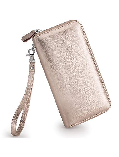 Moflycom Womens Wallet RFID Blocking Genuine Leather Zip Around Wallet Clutch Wristlet Travel Long Purse for Women