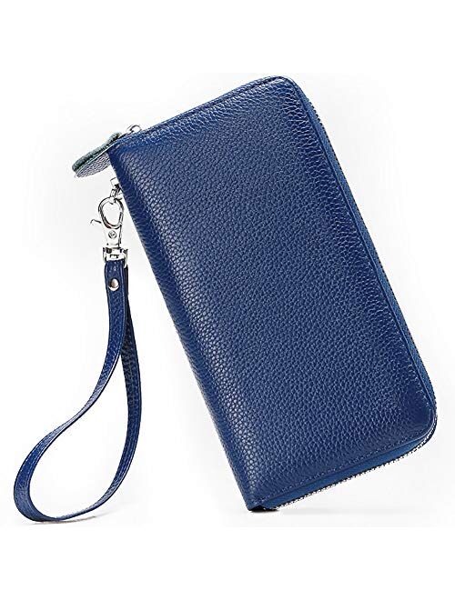 Moflycom Womens Wallet RFID Blocking Genuine Leather Zip Around Wallet Clutch Wristlet Travel Long Purse for Women