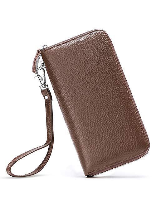 Moflycom Womens Wallet RFID Blocking Genuine Leather Zip Around Wallet Clutch Wristlet Travel Long Purse for Women