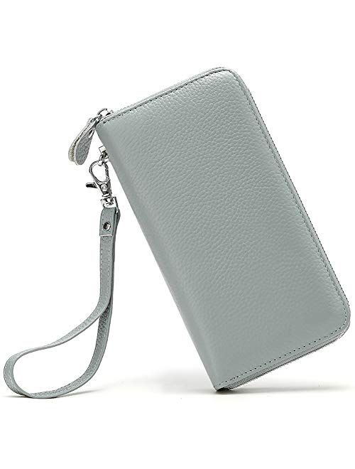 Moflycom Womens Wallet RFID Blocking Genuine Leather Zip Around Wallet Clutch Wristlet Travel Long Purse for Women