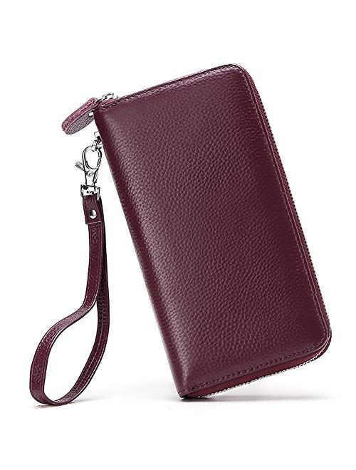 Moflycom Womens Wallet RFID Blocking Genuine Leather Zip Around Wallet Clutch Wristlet Travel Long Purse for Women