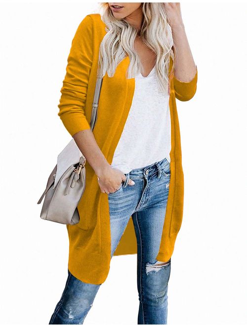 FOLUNSI Women's Cardigan Open Front Long Knited Sweaters with Pockets