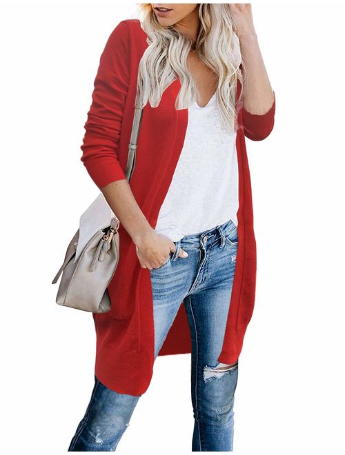 FOLUNSI Women's Cardigan Open Front Long Knited Sweaters with Pockets