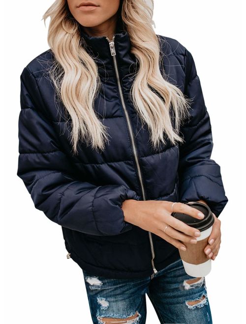 Dokotoo Womens Winter Fashion Zip Up Quilted Jacket Coat Outerwear (S-XXL,No Hooded)