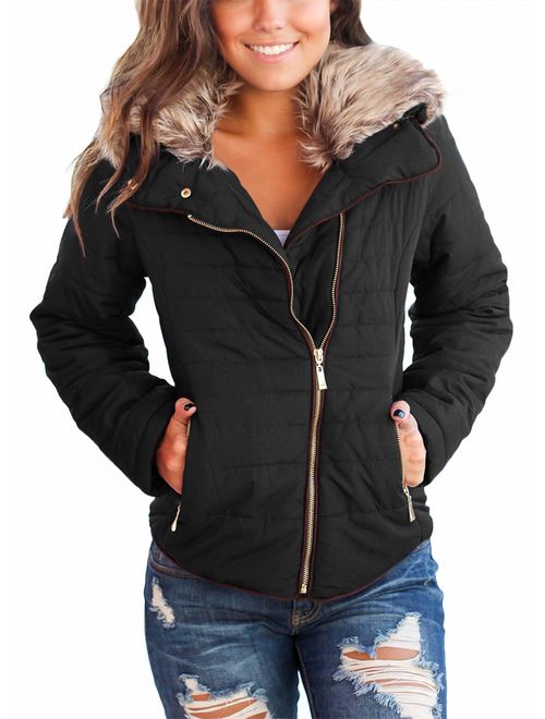 Dokotoo Womens Winter Fashion Zip Up Quilted Jacket Coat Outerwear (S-XXL,No Hooded)