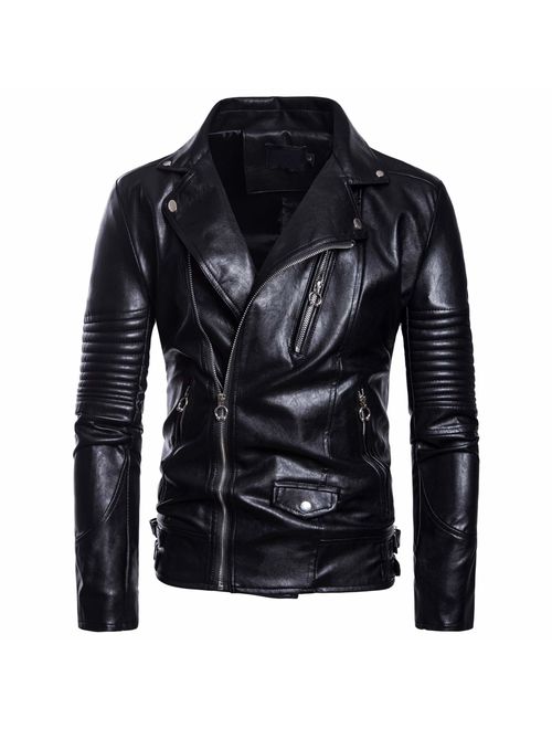 AOWOFS Men's Faux Leather Jacket Motorcycle Lapel Bomber Punk Irregular Zipper Jacket Black