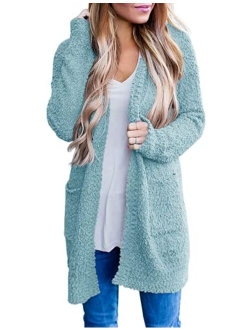 Women's Casual Long Sleeve Open Front Soft Chunky Knit Sweater Cardigan Outerwear with Pockets