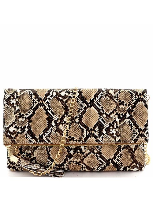 Snake Print Leather Envelope Clutch Purse with Crossbody Chain Strap