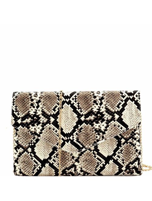 Snake Print Leather Envelope Clutch Purse with Crossbody Chain Strap