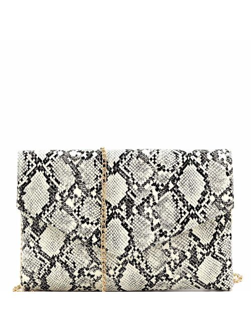 Snake Print Leather Envelope Clutch Purse with Crossbody Chain Strap