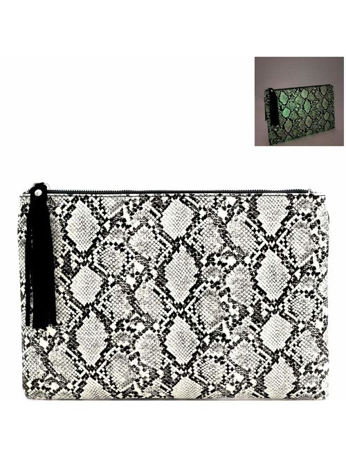 Snake Print Leather Envelope Clutch Purse with Crossbody Chain Strap