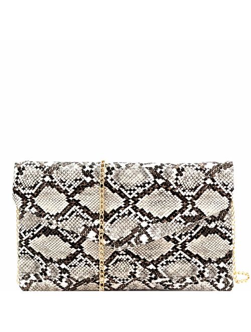 Snake Print Leather Envelope Clutch Purse with Crossbody Chain Strap