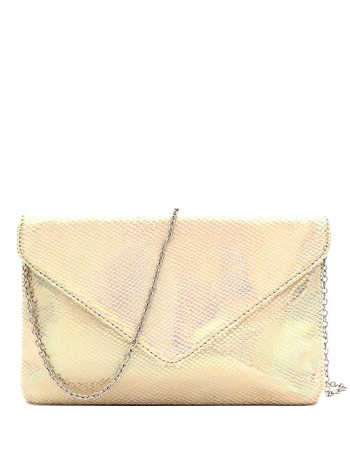 Snake Print Leather Envelope Clutch Purse with Crossbody Chain Strap