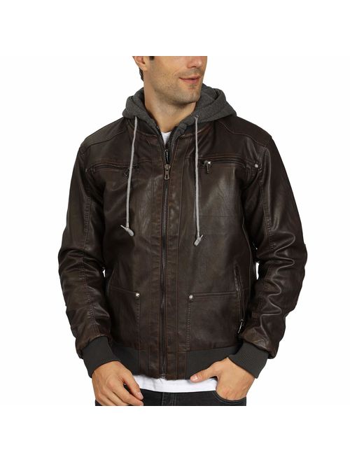 WULFUL Men's Casual Faux Leather Jacket with Removable Hood Pu Winter Outwear