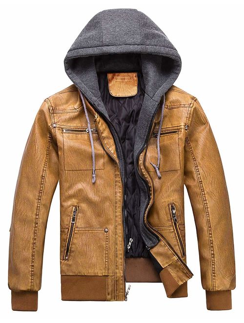 WULFUL Men's Casual Faux Leather Jacket with Removable Hood Pu Winter Outwear