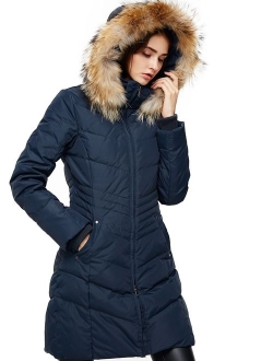 Escalier Women's Down Jacket Winter Long Parka Coat with Raccoon Fur Hooded