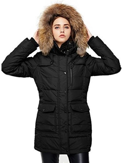 Escalier Women's Down Jacket Winter Long Parka Coat with Raccoon Fur Hooded