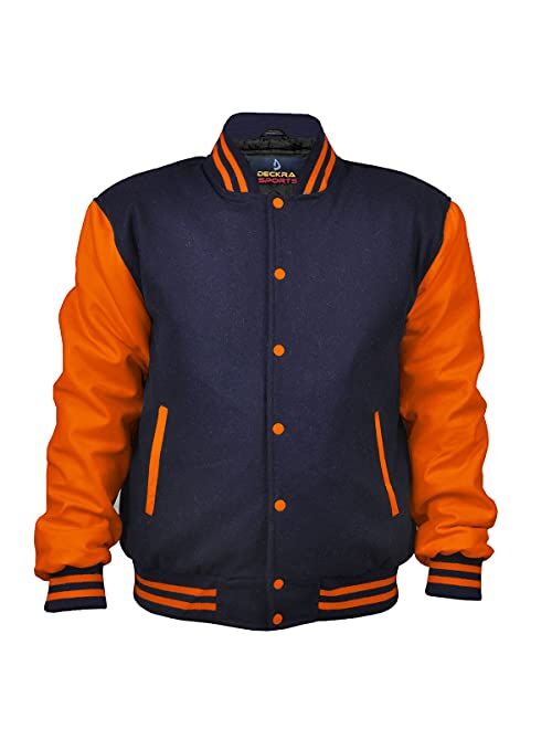 Men's Varsity Jacket Genuine Leather Sleeve and Wool Blend Letterman Boys College Varsity Jackets XXS-5XL