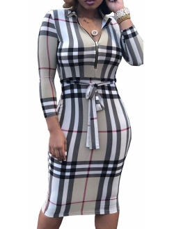 Women Sexy V Neck Dresses Elegant Bodycon Long Sleeve Stretchy Pencil Business Suiting with Waistband Slim Fit Zipper