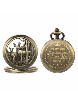 Personalized Pocket Watch Engraved Back Case Gift Birthday Men to My Son Deer Reindeer Quartz