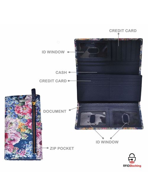 Leather Wallets for Women - RFID Blocking Checkbook Wallet with 11 Card Slots