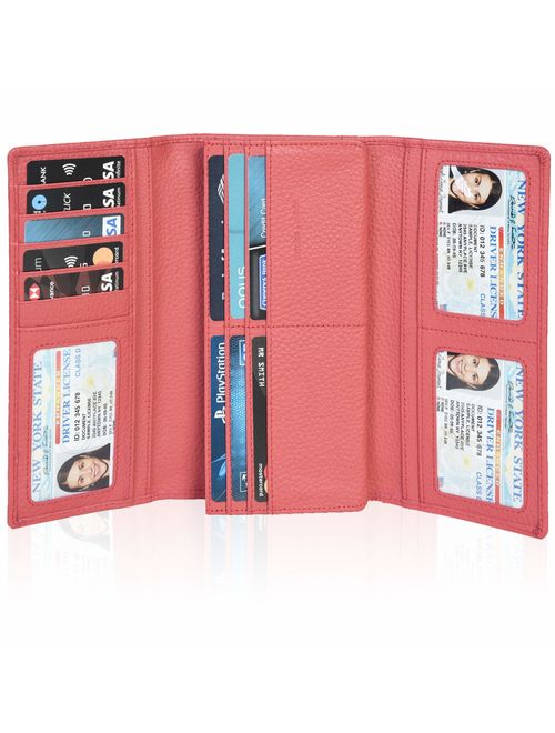 Leather Wallets for Women - RFID Blocking Checkbook Wallet with 11 Card Slots