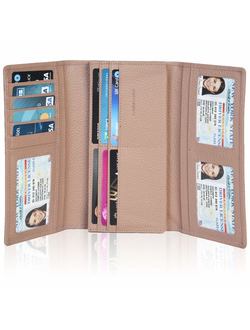 Leather Wallets for Women - RFID Blocking Checkbook Wallet with 11 Card Slots