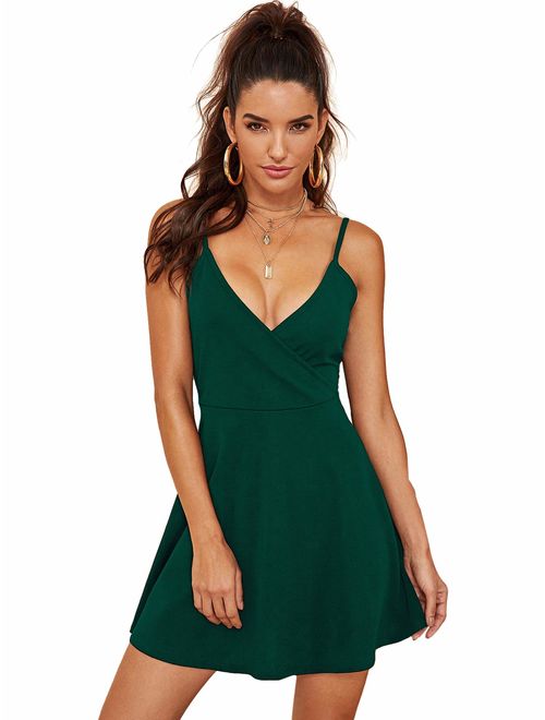 SheIn Women's V Neck Spaghetti Straps Sleeveless Sexy Backless Wrap Flare Dress