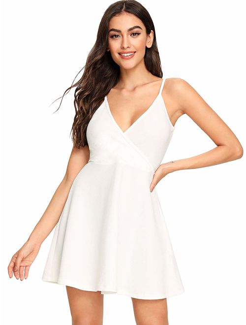 SheIn Women's V Neck Spaghetti Straps Sleeveless Sexy Backless Wrap Flare Dress