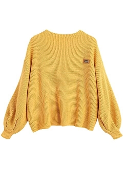 Women's Casual Loose Knitted Sweater Lantern Sleeve Crewneck Fashion Pullover Sweater Tops