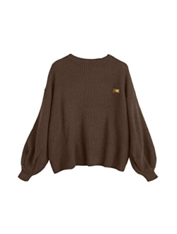 Women's Casual Loose Knitted Sweater Lantern Sleeve Crewneck Fashion Pullover Sweater Tops