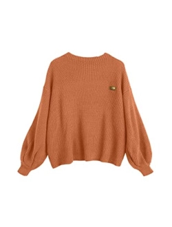 Women's Casual Loose Knitted Sweater Lantern Sleeve Crewneck Fashion Pullover Sweater Tops