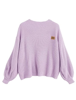 Women's Casual Loose Knitted Sweater Lantern Sleeve Crewneck Fashion Pullover Sweater Tops