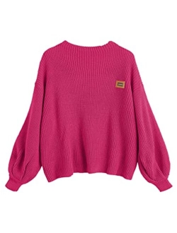 Women's Casual Loose Knitted Sweater Lantern Sleeve Crewneck Fashion Pullover Sweater Tops